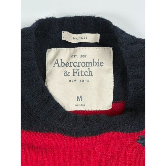 Abercrombie Sweater Mens Muscle Fit 100% Wool Size M Red Navy Striped Vintage - Picture 4 of 5